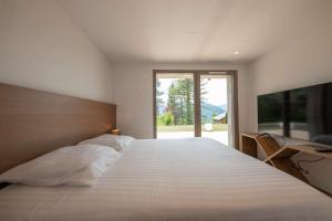 a bedroom with a large white bed with a large window at Appartement Adret in Rovagny +18 photos
