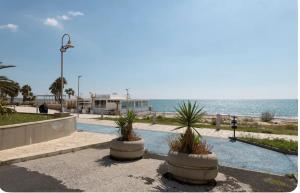 two large pots with plants in them next to the ocean at Pozzallo cozy house vista mare in Pozzallo