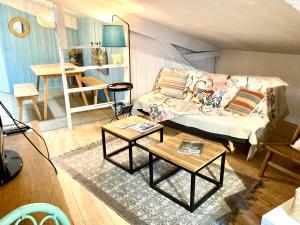 a living room with a couch and a table at 16 Bis-Gîte-Hôtel-Studio in Marssac-sur-Tarn