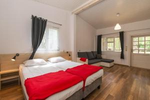 1 dormitorio con 1 cama grande con manta roja en Brzozowa Zatoka Brenno, en Brenno