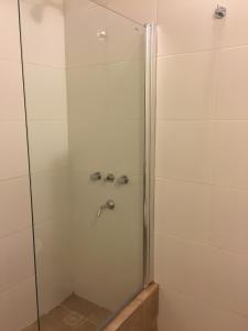 uma cabina de duche com uma porta de vidro e uma torneira em Ukurj Apartamentos em Ushuaia