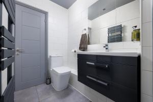 a bathroom with a black sink and a toilet at Modern Plymouth Apartment with Mezzanine - Near the Sea - Habita Property in Plymouth