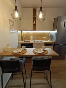 La cuisine est équipée d'une table, de deux chaises et d'un réfrigérateur. dans l'établissement Sotherm apartment, à Thermi