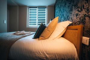 ein Schlafzimmer mit einem Bett mit Kissen und einem Fenster in der Unterkunft Le Blue Berry • Élégant & Fonctionnel • Proche Gare in Châteauroux