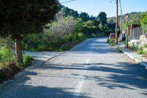 uma rua vazia com uma árvore no lado da estrada em Appartement pour deux personnes em Patitiri