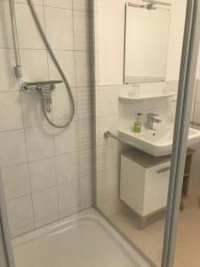 uma casa de banho com um chuveiro e um lavatório. em Haus Bergstrasse em Stolberg