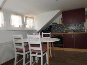 a kitchen with a table and chairs in a room at Ferienwohnungen am Hauptplatz in Pirna