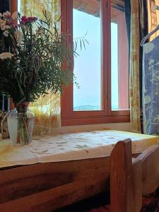 einen Tisch mit Blumen und ein Fenster in einem Zimmer in der Unterkunft Casa Dell'Arte Botanica in Palaia