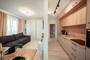 a kitchen and a living room with a couch at Palace of Culture & Palas Mall Collection Suites & Studios in Iaşi +80 photos