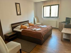 a bedroom with a bed and a chair and a window at Aranykakas étterem és panzió in Sîndominic