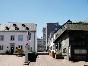 uma rua com edifícios e uma estátua de cão num poste em Apartment with Balcony near the Luxembourg s Border em Bollendorf