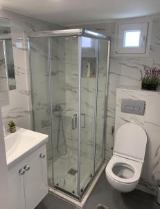 a bathroom with a shower with a toilet and a sink at *NEW* BEACHFRONT APARTMENT SEA VIEW in Pefkohori