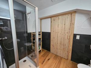 een badkamer met een douche en een glazen deur bij Revier im Bären-Quartier in Haslen