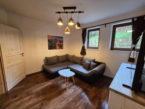 ein Wohnzimmer mit einem Sofa und einem Tisch in der Unterkunft Ferienwohnung Struppi Sächsische Schweiz in Struppen