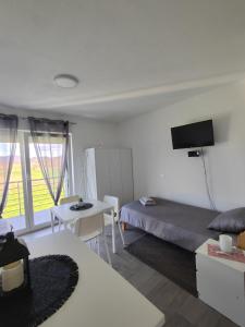 a bedroom with a bed and a table and a tv at Apartman Marija in Perušić