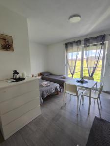 een slaapkamer met een bed en een tafel en stoelen bij Apartman Marija in Perušić