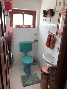a bathroom with a green toilet and a sink at Blue House Apartman Kék Ház Üdülő in Dunapataj