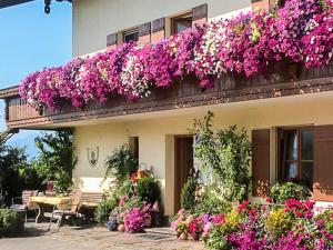 Un edificio con flores en el costado. en Huberhof, en Riedering