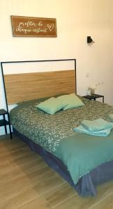 a bed with a wooden headboard in a room at Magnifique 2 pieces in Antibes