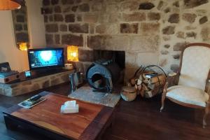 uma sala de estar com uma lareira de pedra e uma televisão em Le petit paradis aux volets bleus em Grazac