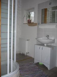 uma casa de banho com um lavatório, um WC e um espelho. em Ferienwohnung Zum Wilden Wein em Uslar