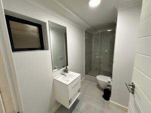 a bathroom with a sink and a toilet and a mirror at Newlands Peak Apartments in Cape Town