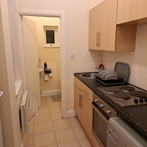 uma pequena cozinha com um fogão e um lavatório em Family-friendly Studio flat in Dagenham em Dagenham