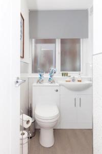 SAV Apartments Clarence Street-Loughborough في لاوْبورو: حمام ابيض مع مرحاض ومغسلة