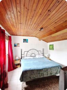 um quarto com uma cama e um tecto em madeira em AL Famalicão em Leiria