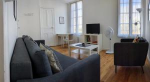 a living room with a couch and a tv at T2 42 m² en Centre-ville de Cambo-les-Bains in Cambo-les-Bains