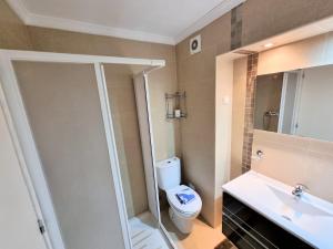 a bathroom with a shower and a toilet and a sink at Vista Oceânica Paradise in Monte Gordo