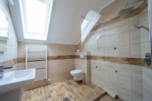 a bathroom with a toilet and a shower and a sink at Sándor Panzió 2 in Praid +32 photos