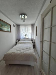 a bedroom with a large bed and a window at Przytulny apartament blisko MOLO GIŻYCKO in Giżycko