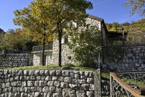 eine Steinmauer vor einem Gebäude mit einem Baum in der Unterkunft Martina in Cetinje