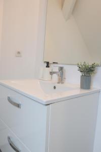 een witte badkamer met een wastafel en een spiegel bij LE SUNNY, Mulhouse centre in Mulhouse