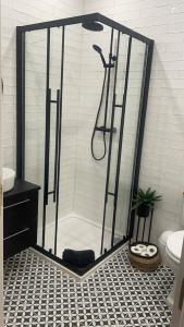 a shower in a bathroom with a black and white tile floor at Sawgrass Killinard in Killenard