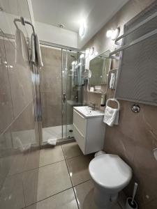 La salle de bains est pourvue d'une douche, de toilettes et d'un lavabo. dans l'établissement Logis Le Passiflore Cognac, à Châteaubernard