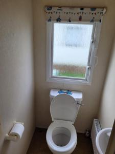 a small bathroom with a toilet and a window at Cosy caravan Sunbeach in Llwyngwril