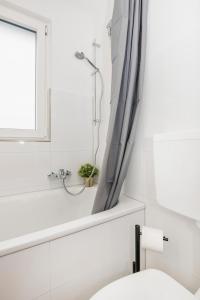 a bathroom with a shower and a toilet at Kurzzeitglück 24h Self Check-In KR02 in Krefeld +25 photos