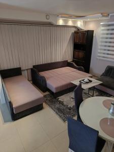 een kamer met een bed en een tafel en stoelen bij Apartman Lara in Kuršumlija