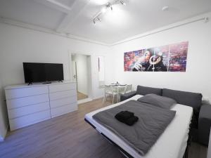 a bedroom with a bed and a flat screen tv at Modern Apartment in Schwarzenbek in Schwarzenbek