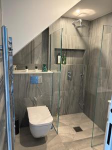 La salle de bains est pourvue d'une douche et de toilettes. dans l'établissement Brand New Big House with garden and free parking, à Brentford