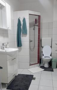 a bathroom with a shower and a toilet and a sink at Apartman Andrić in Višegrad
