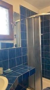 a blue tiled bathroom with a shower and a sink at Casa sul mare in Procchio +6 photos