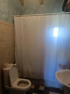 a bathroom with a white shower curtain and a toilet at El Rincón de Atapuerca in Atapuerca