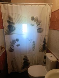 - un rideau de douche avec des coquillages dans la salle de bains dans l'établissement El Rincón de Atapuerca, à Atapuerca