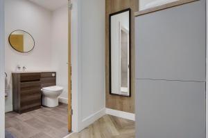 a bathroom with a toilet and a mirror at Ashley Road Apartment 1 in Poole