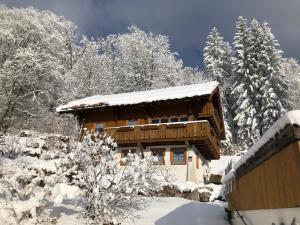 eine Hütte im Schnee mit schneebedeckten Bäumen in der Unterkunft Ferienhaus Sankt Peter in Wittenschwand