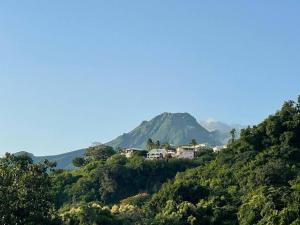 a house on a hill with a mountain in the background at Terrasses de Saint Pierre - Papyrus in Saint-Pierre
