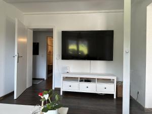 sala de estar con TV de pantalla plana en la pared en Haus Albi, en Waldkirch
